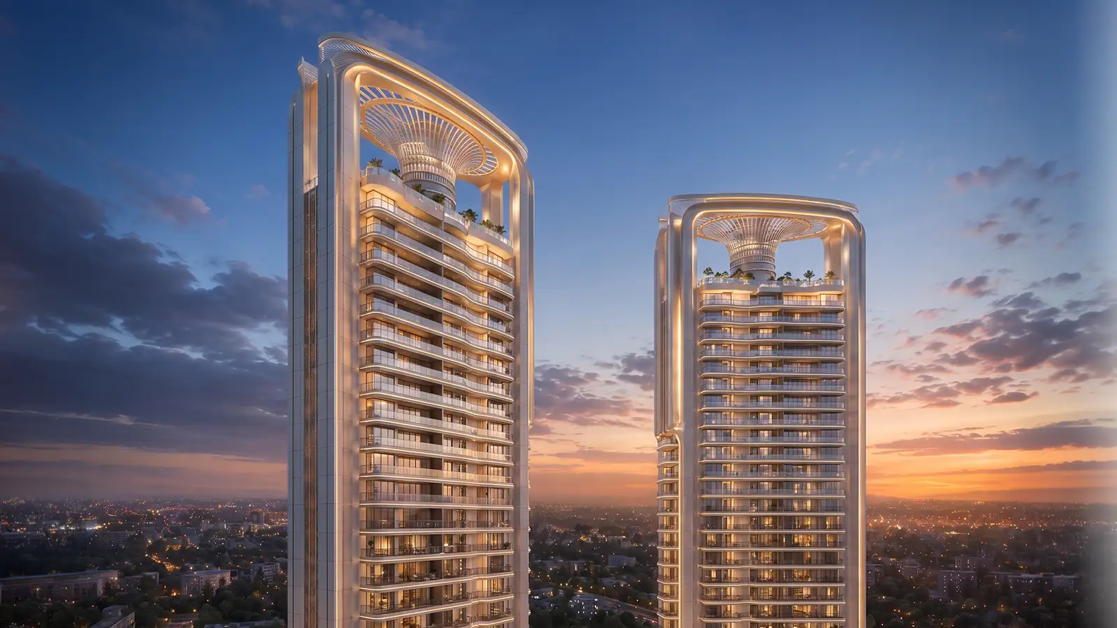 Aerial dusk rendering of the M3M BRABUS towers — artist's impression
