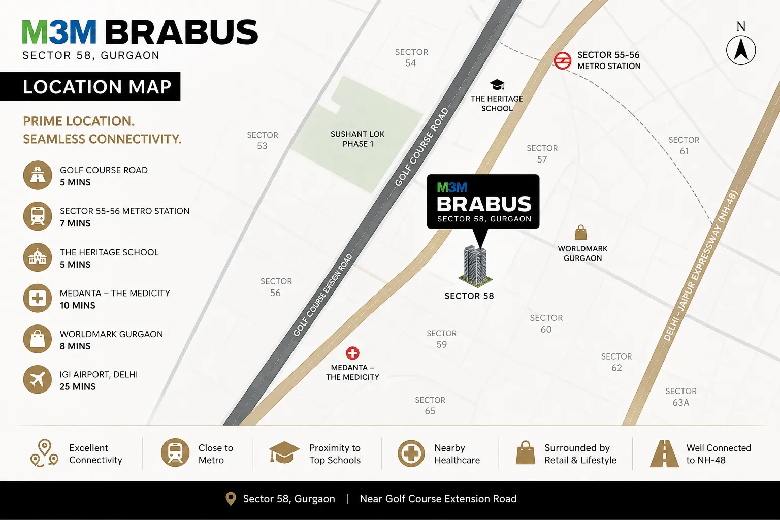 Location map — M3M BRABUS, Sector 58, Gurugram